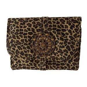 Leopard Print Hanging Travel Organizer w Beaded Flower Accent & Snap Closure VID